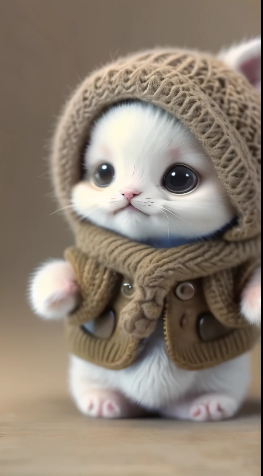 kitten in clothes, miniature kitten, Animal focus, bearded, realistic, POV Hand, ambiguous background,smile,interesting、