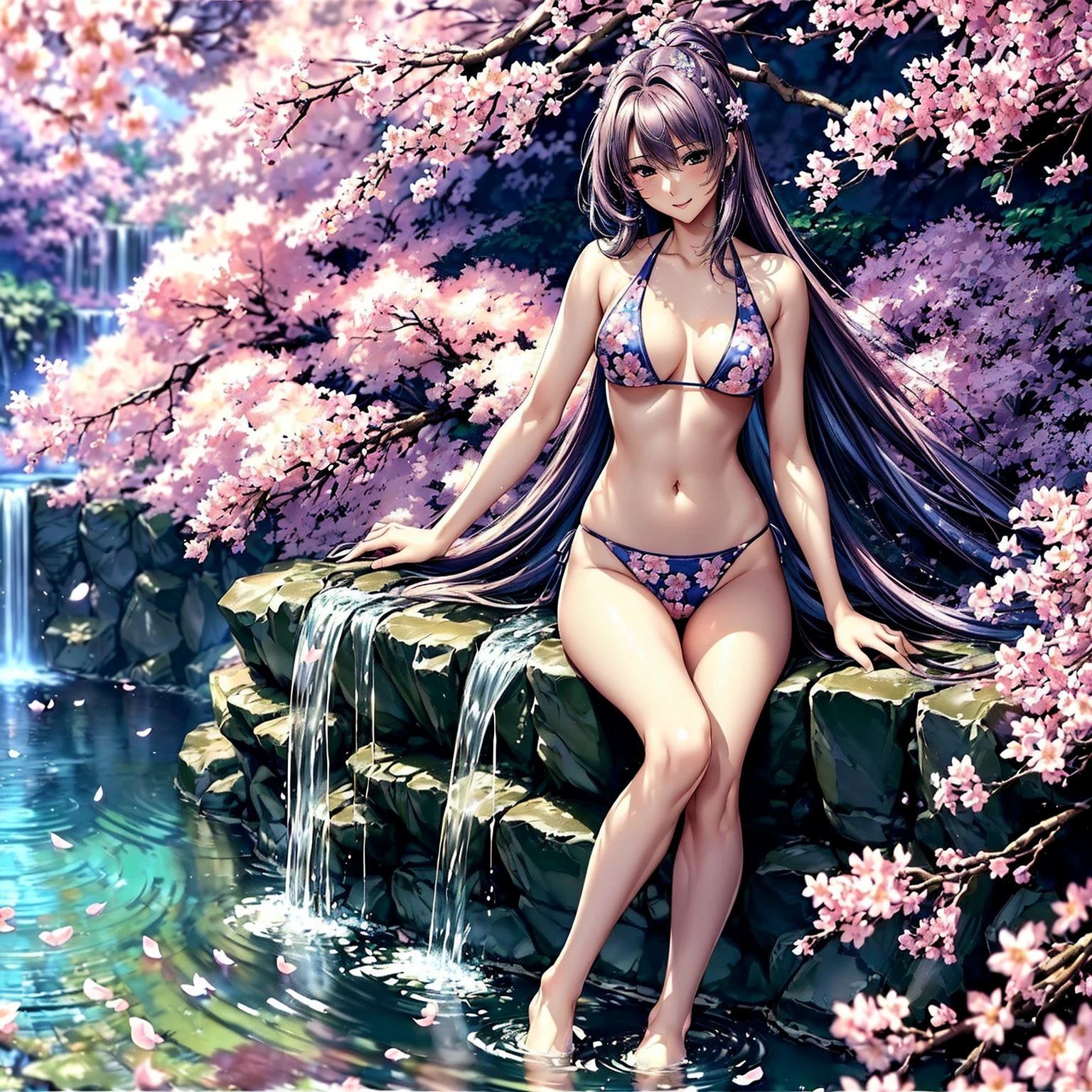 (((highest quality、masterpiece、very high resolution、highly detailed images、detailed details)))、(A woman of perfect and ultimate beauty:18-year-old, beautiful body、beautiful face、beautiful hair,bright smile)、(Slender and beautiful body, best skin and hair texture)、((beautiful bikini:Colorful with floral patterns,shoulders are exposed,I can see my thighs)),(Fantastic waterside,There is a waterfall,Night cherry blossoms and lanterns,mysterious night sky,natural light,beautiful scenery,beautiful scenery),(water play,beautiful pose,model shoot,Hair flutters under the influence of the wind),Overall image、accurate image、accurate anatomy、Image without defects,(best shot,RAW photo:1.2)