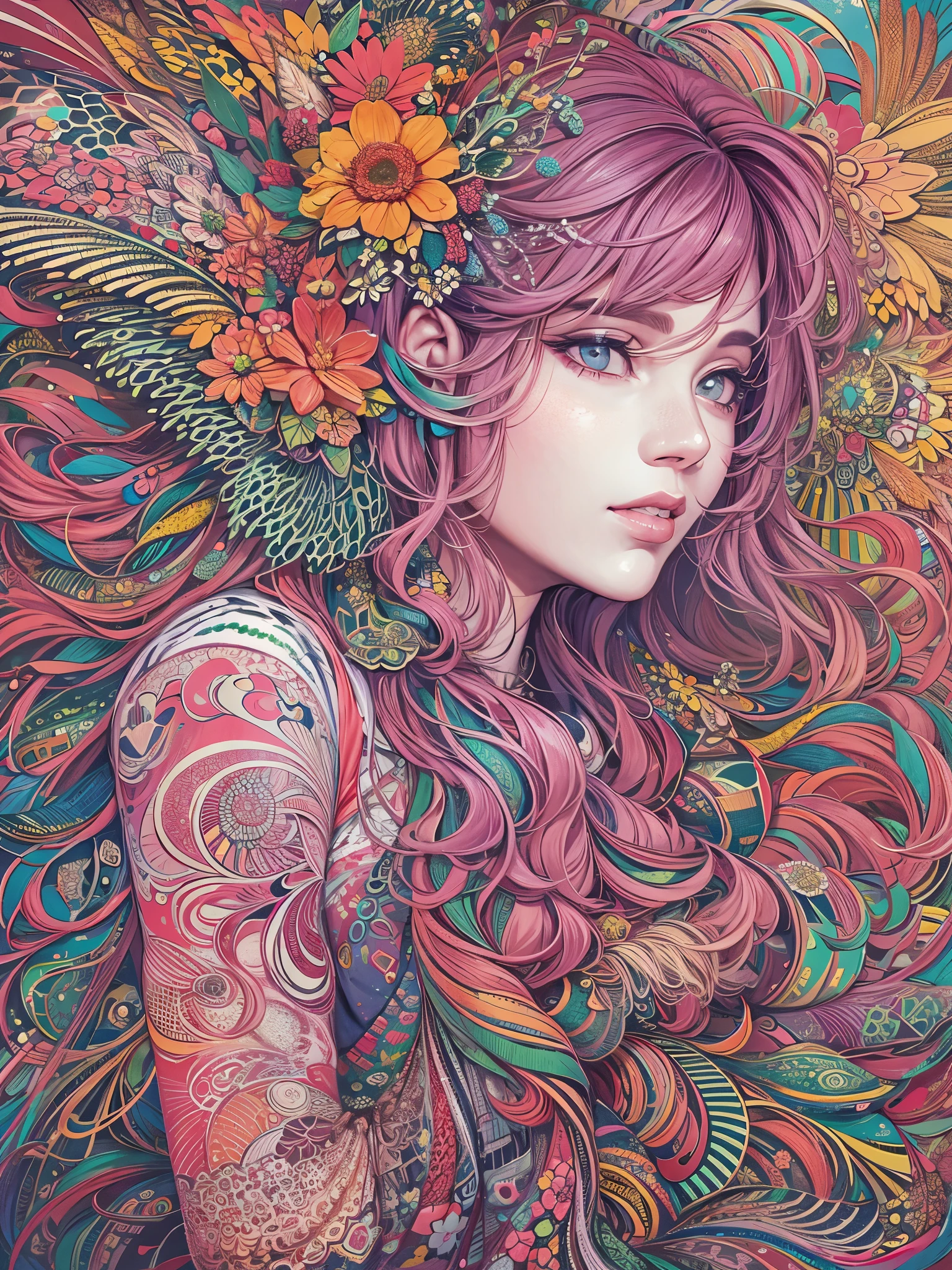 fractal art, zentangle,1 girl, feathers, flowers, dynamic pose, colorful, abstract background, masterpiece, official art, highest detailed