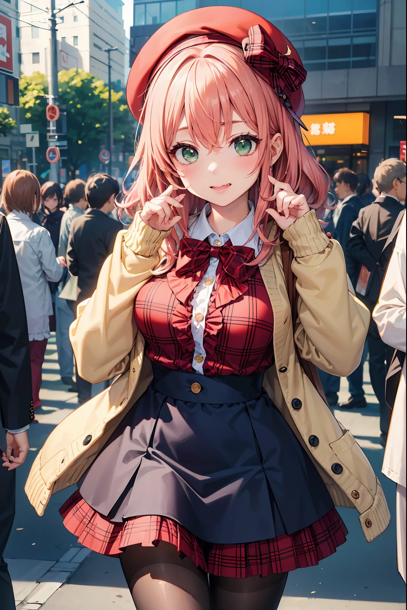 insanely detailed、disorganized、ultra high resolution、Super detailed、highest quality、 1 girl、solo、nice hands、Perfect hand breaking (Vintage style beret with flower pin:1.3)、(navy&red plaid dress:1.5)、(Gold buttons on the front:1.2)、(frills、Red bow tie、Ivory blouse:1.4)、(peach cardigan、cable knit patterns:1.3)、(Black tights:1.1)、(red mary jane shoes:1.2) destroy laugh、open your mouth、wavy mouth、 cute pose、cowboy shot、looking at the viewer breaking slender、cute、Perfectly symmetrical face、Super cute女の子、Super cute顔、Super detailedな目、Super detailedな髪、Super cute、super beautiful、 destroy harajuku、Shibuya、Tokyo、street、crowd、cityscape、 big breasts break (medium hair、Dark green eyes)、hair between eyes