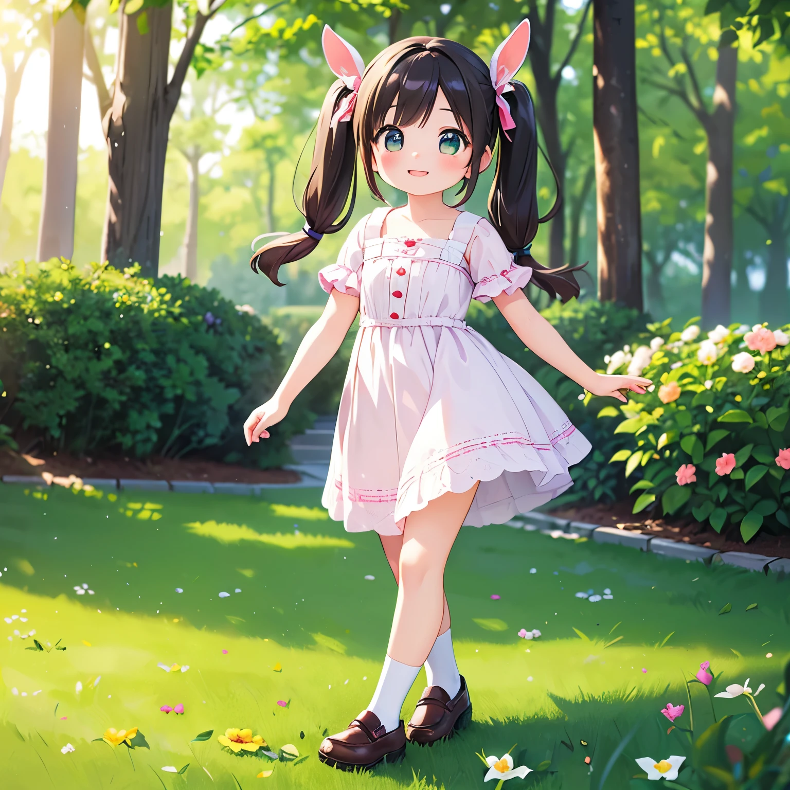 (photorealistic:1.37)、octane rendering、Morning park、Walk with a rabbit doll、Girl has twin tail hairstyle and smiles、Bright colors、soft sunlight、beautiful flower、green grass、playful atmosphere、peaceful environment、detailed texture、Bright colors、cute shoes with accessories、He looks happy