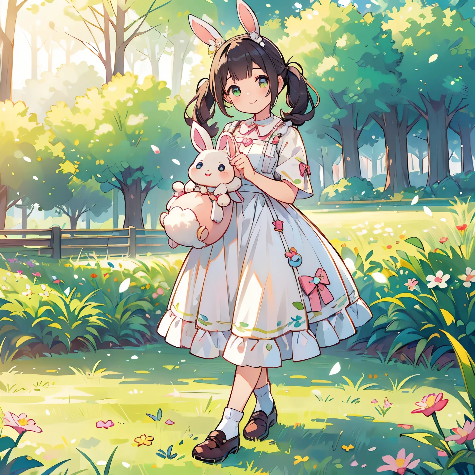 (photorealistic:1.37)、octane rendering、Morning park、Walk with a rabbit doll、Girl has twin tail hairstyle and smiles、Bright colors、soft sunlight、beautiful flower、green grass、playful atmosphere、peaceful environment、detailed texture、Bright colors、cute shoes with accessories、He looks happy