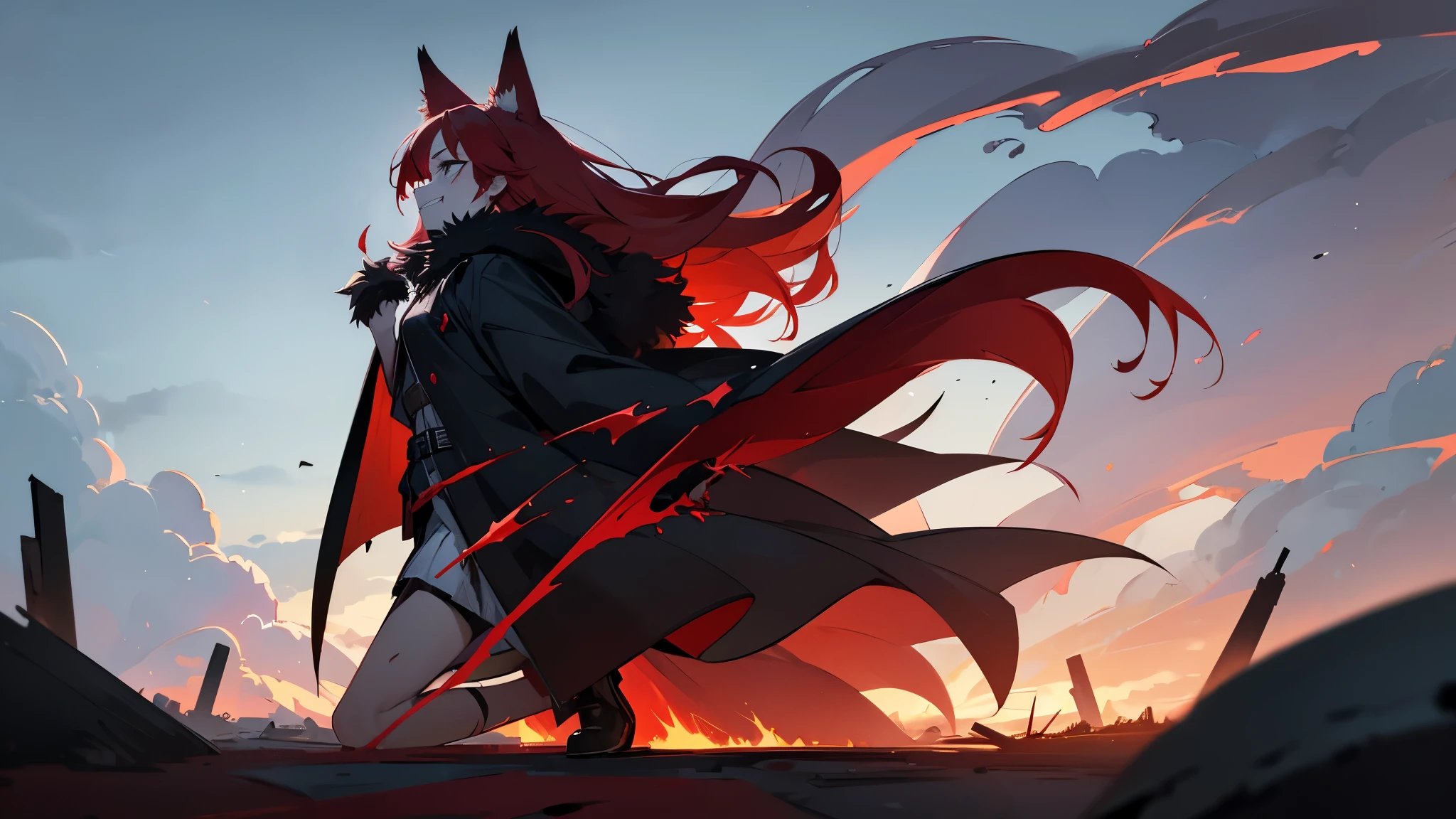 1girl, solo, from side, full body, long red hair, green eyes with vertical pupil, fox ears, long black coat, fur hood, scarlet fox tail, white tip, vertical scar on right eye, wide smile with sharp teeth, arrogant look, (face and clothes stained with blood), vertical scar, background - gray earth and sky, corpses and blood on the ground, smoky clouds, dark tones