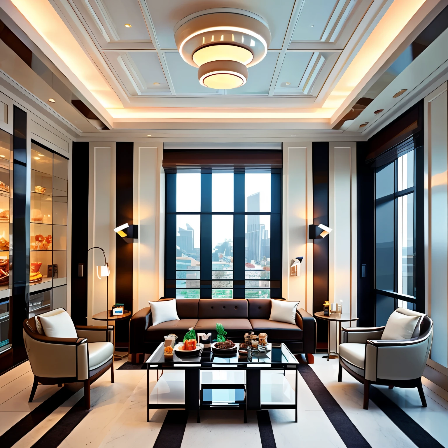 futuristic architectural digest photo of a (cozy upscale)++ (nutella chocolate chip milkshake deco oreo creme futurism)+ livinh room