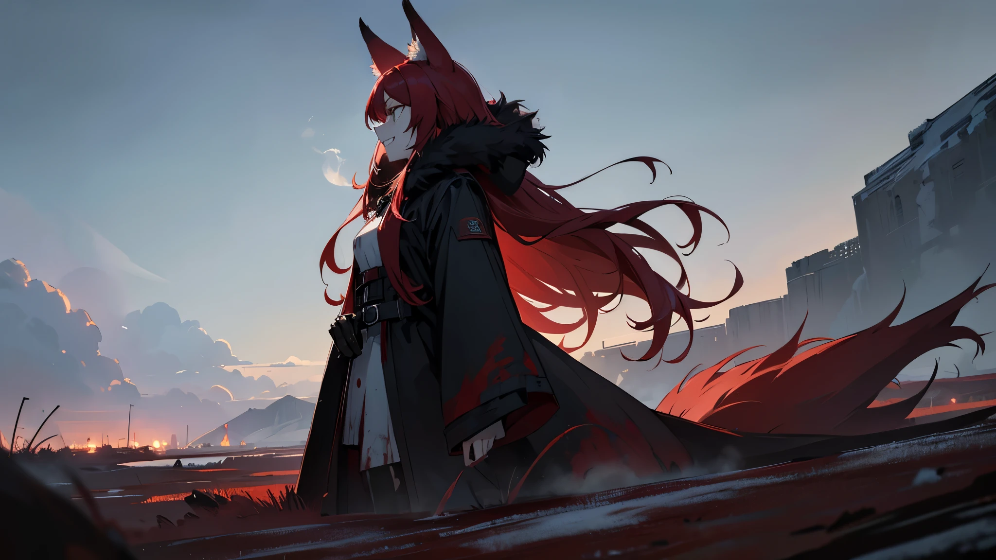 1girl, solo, from side, full body, long red hair, green eyes with vertical pupil, fox ears, long black coat, fur hood, scarlet fox tail, white tip, vertical scar on right eye, wide smile with sharp teeth, arrogant look, (face and clothes stained with blood), vertical scar, background - gray earth and sky, corpses and blood on the ground, smoky clouds, dark tones