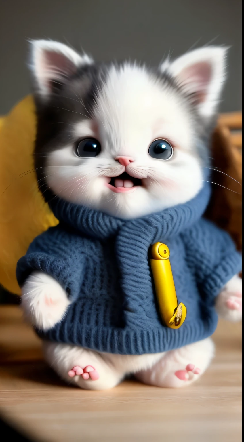 kitten in clothes， miniature kitten， Animal focus， bearded， realistic， POV Hand， ambiguous background，smile，interesting、