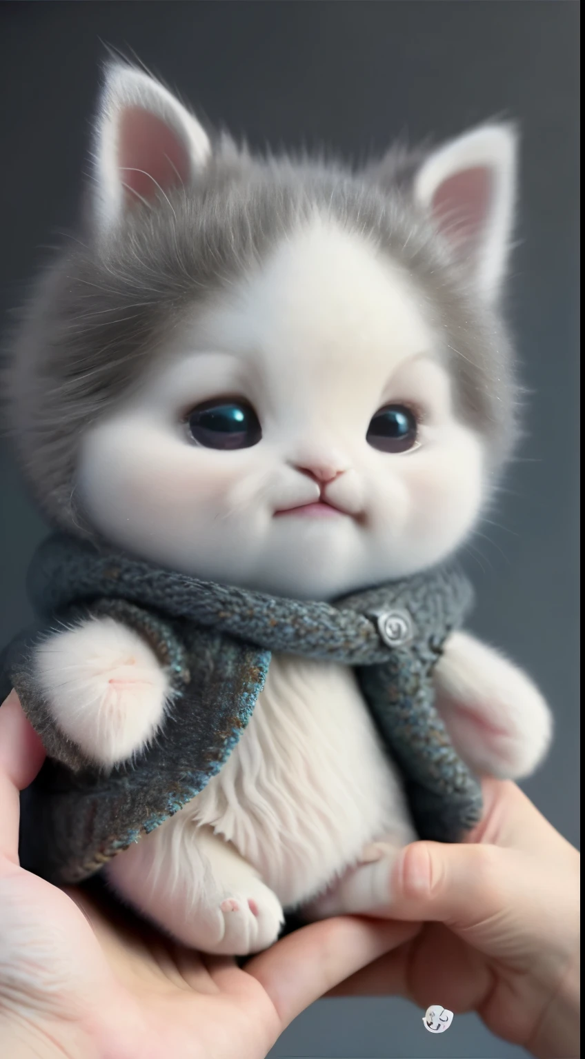 kitten in clothes， miniature kitten， Animal focus， bearded， realistic， POV Hand， ambiguous background，smile，interesting、