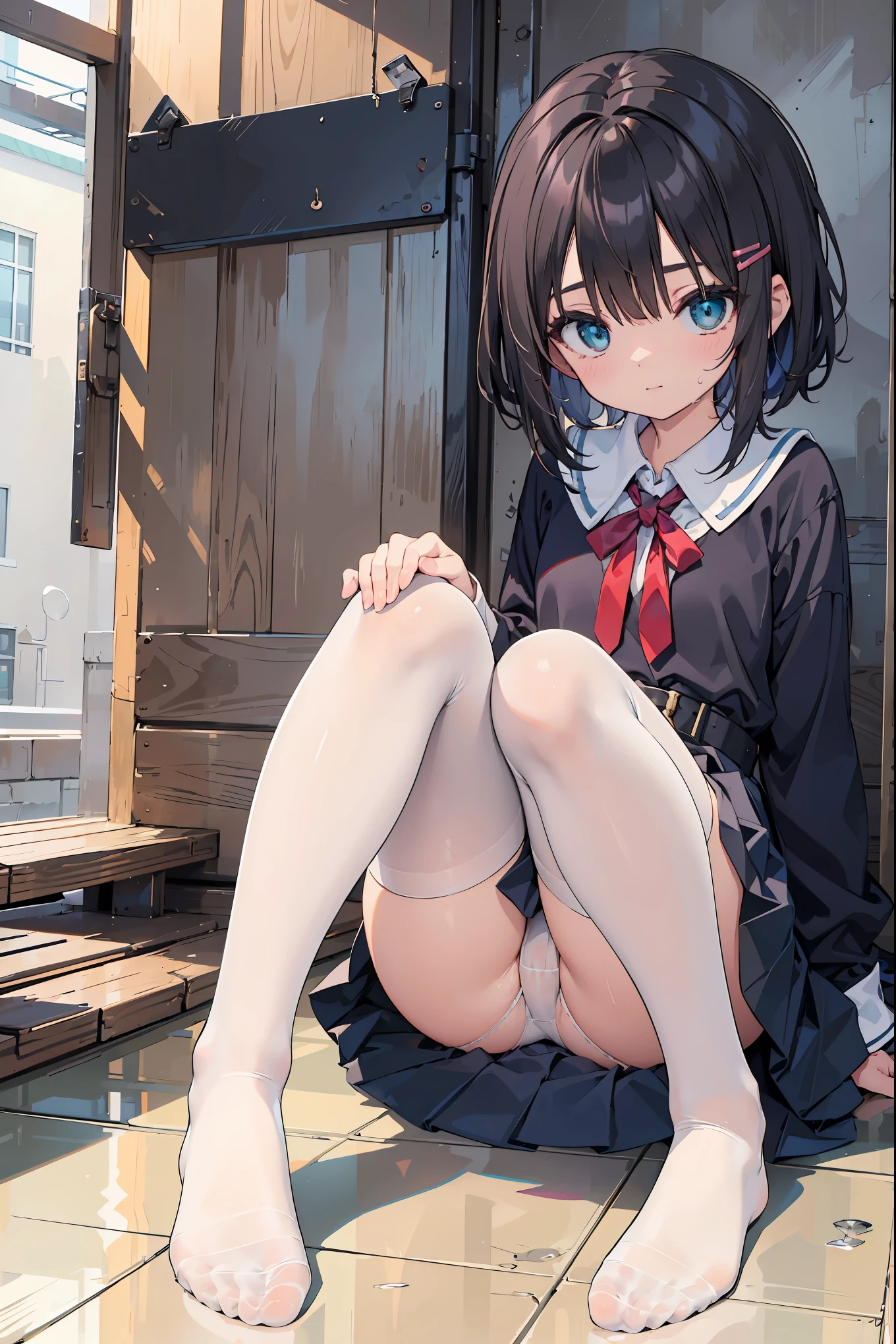 Takiinoue, Inoue Takina, Long hair, Bangs, Black hair, (Purple eyes:1.2), BREAK shirt, Long sleeves, Dress, bow ribbon, School uniform, White shirt, Collared shirt, Belt bag, Neck ribbon, Blue Dress, Green Ribbon, pleated dress, grey dress, Two-tone dresses, Blue belt, Lycoris Uniform, Best Quality, High resolution, Unity 8k壁纸, (Illustration:0.8), (Beautiful detailed eyes:1.6), extra detailed face, Perfect Lighting, extremely details CG, (Perfect hands, Perfect Anatomy),Full body from head to leg、full bodyesbian、Thin leg、、sitting down on the floor、Put on the floor、laying on back、opening legs、Inter-strands、Facing the front、Composition from below、M-shaped legs、Panchira、Inner thigh-sitting、Sitting on the floor with bent knees and legs open、Front-facing、Lower body facing forward、in 8K, top-quality, Real Image, intricate detailes, The ultra-detailliert, 超A high resolution, Depth Field,(Photorealsitic,realisitic:1.2),masterpiece, 0.25 :: a closeup , straight-on shot , from miiddle , 1girl in, AI_chan, an extremely beautiful -yeld gi Full body from head to leg, full bodyesbian, 、Face to feel、Innocent big eyes, (brown_Short_hair), (Green_Eyes:1.0),(bangss),dishevled hair,(hair clips), sexypose、Bewitching、Mass sweat、soaked body、Pure white lingerie perfect shiny skin, flawless skin, fair white skin, tiny chest, narrow waists, thin blush, 独奏, looking at the viewers, lightsmile, The Perfect Five Fingers, Small toes、perspiring、 Wear((School_uniform)、(white_Skirt)、(Blue_long_tie)、(Blue_pleats_Skirt)、(Black_pantyhose:1.2)、 knee high、Stockings、Pure white panties、Black_Wearing white panties inside stockings、Wearing white panties inside black transparent stockings、Wearing white panties inside black stockings、Wearing white panties inside black pantyhose、Wearing white panties inside black lace pantyhose、Wearing white panties inside black lens stockings、Wearing white panties in black light pantyhose、Wearing white panties in black transparent pantyhose、No s