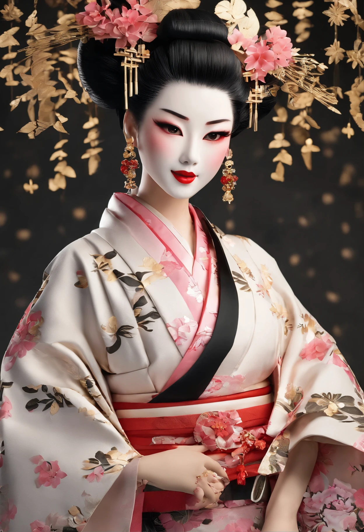 detailed realistic image of 1 young divine and gorgeously decorated oiran, (full body shot:1.5), traditional japanese beauty, sexual (black kimono:1.5) with (((gold))) and pink complex intricate highly detailed traditional pattern, (((traditional intricate geisha hairstyle, hair sticks, kanzashi, kanoko, bira-bira, japanese traditional women's hair ornaments))), flirts with camera, seducing smile, ultra sexy, fancy makeup, heavy eye makeup, red lipstick, big breasts, cleavage, traditional japanese interior, (Best Quality, 16K, Masterpiece, UHD, Ultra quality cinematic lighting, Huge detail, Well lit, 35mm, sharp, hyper realistic, epic scale, insane level of details, beautiful detailed girl, very detailed eyes and face, beautiful detailed eyes, ultra detailed skin, realistic skin)