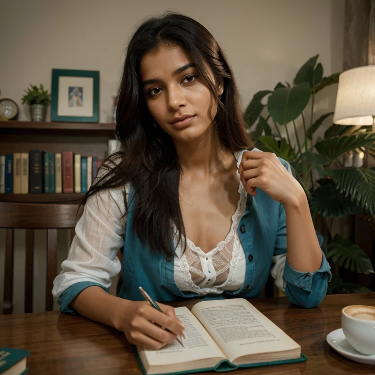 Raise a Brazilian woman, daughter of an Israeli father and an Indian mother, ela e atraente e inteligente. Esta sentada a mesa tomando um xicara de cafe e lendo o livro o retrato de dorian gray