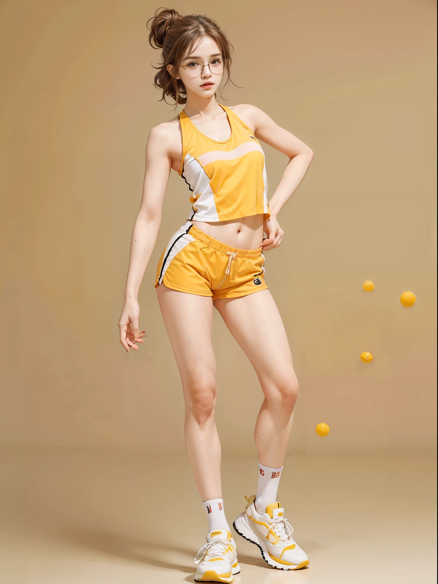 masterpiece, best quality, realistic, colorful, delicate, sharp focus, (PureErosFace_V1:0.5), (detailed beautiful delicate face, high detailed skin, skiny and thin:1.3), 1girl, 17 years old, tall, (smooth_abs:1.55), (abs:0.5), pretty, masterpiece, highres, (long_skinny_legs), (straight_legs), (skinny_waist), (((fair skin))), white skin, (((pale skin))), sports Bandeau, (school_uniform:swim_suits:0.5), yellow shorts, standing legs apart, chestnut brown hair, looking at viewer, yellow sports shoes, glasses, (Emma_watson), big_breast, (((Caucasian)))