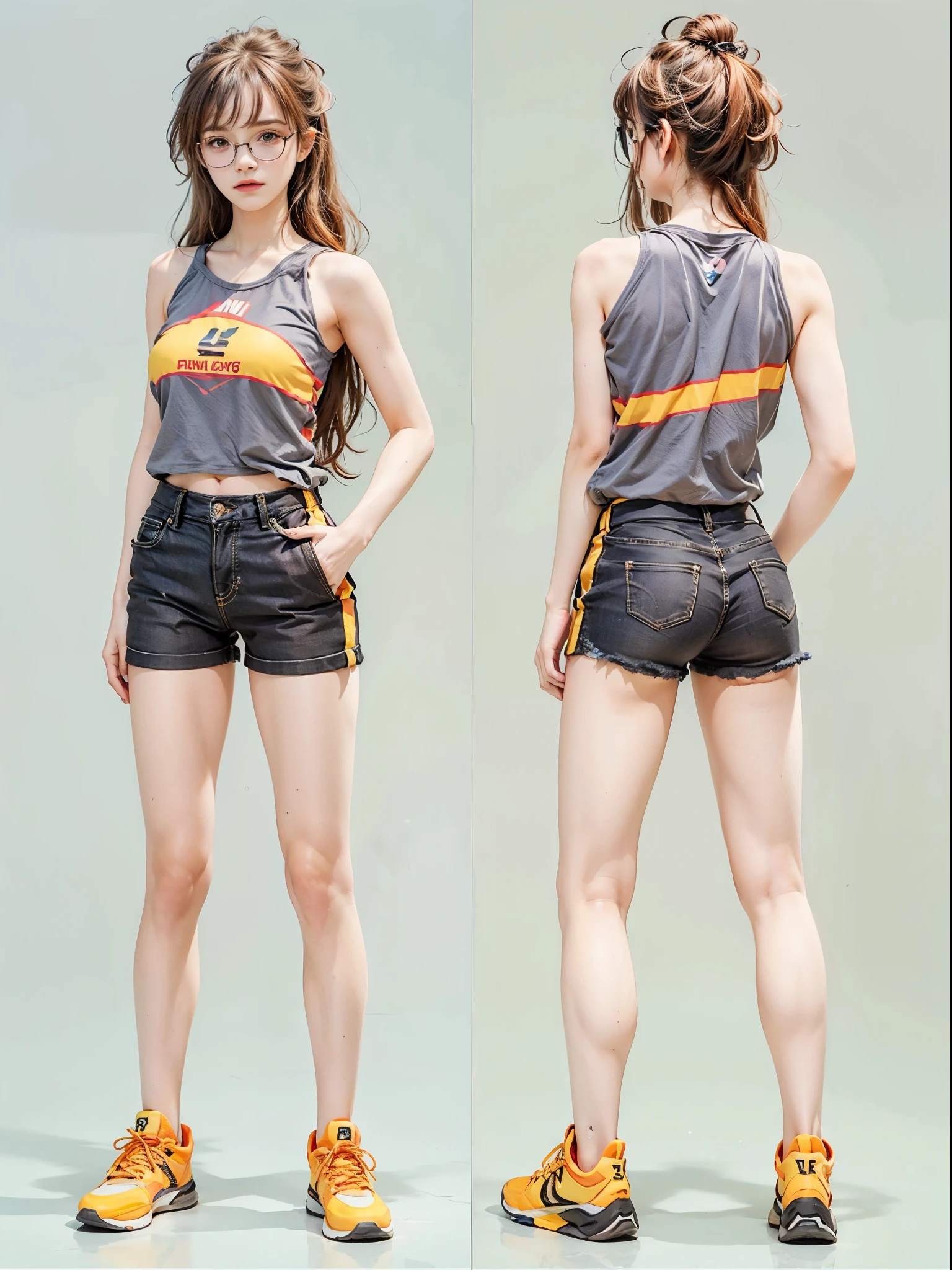 masterpiece, best quality, realistic, colorful, delicate, sharp focus, (PureErosFace_V1:0.5), (detailed beautiful delicate face, high detailed skin, skiny and thin:1.3), 1girl, 19 years old, tall, (smooth_abs:1.55), (abs:0.5), pretty, masterpiece, (long_skinny_legs), (straight_legs), (skinny_waist), (((fair skin))), white skin, bandeau, (school_uniform:swim_suits:0.5), yellow/pink shorts, chestnut brown hair, looking at viewer, yellow/orange sports shoes, glasses, (Emma_watson), big_breast, (((Caucasian)))