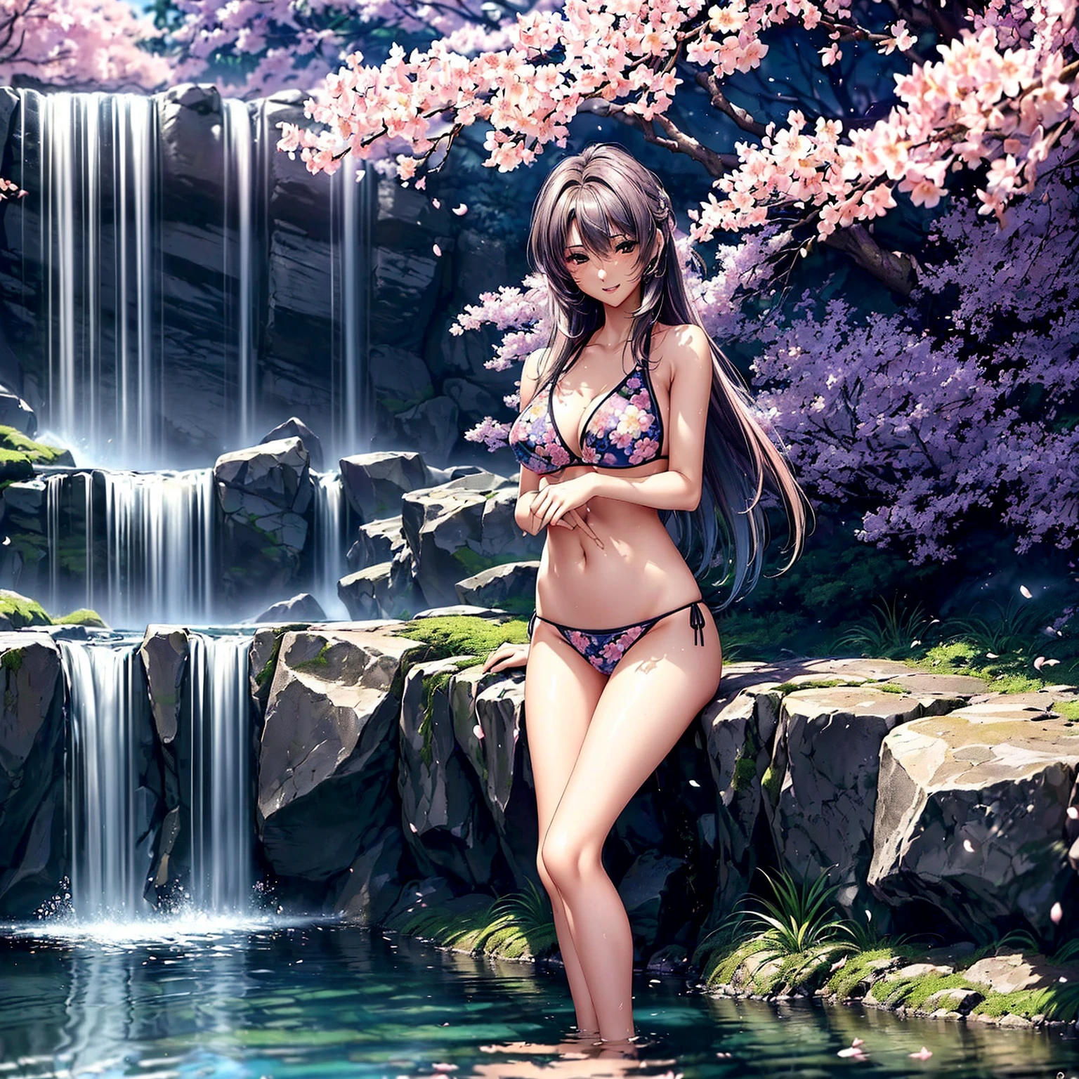 (((highest quality、masterpiece、very high resolution、highly detailed images、detailed details)))、(A woman of perfect and ultimate beauty:18-year-old, beautiful body、beautiful face、beautiful hair,bright smile)、(Slender and beautiful body, best skin and hair texture)、((beautiful bikini:Colorful with floral patterns,shoulders are exposed,I can see my thighs)),(Fantastic waterside,There is a waterfall,Night cherry blossoms and lanterns,mysterious night sky,natural light,beautiful scenery,beautiful scenery),(water play,beautiful pose,model shoot,Hair flutters under the influence of the wind),bijinga,realistic portrait,Overall image、accurate image、accurate anatomy、Image without defects,(best shot,RAW photo:1.2)