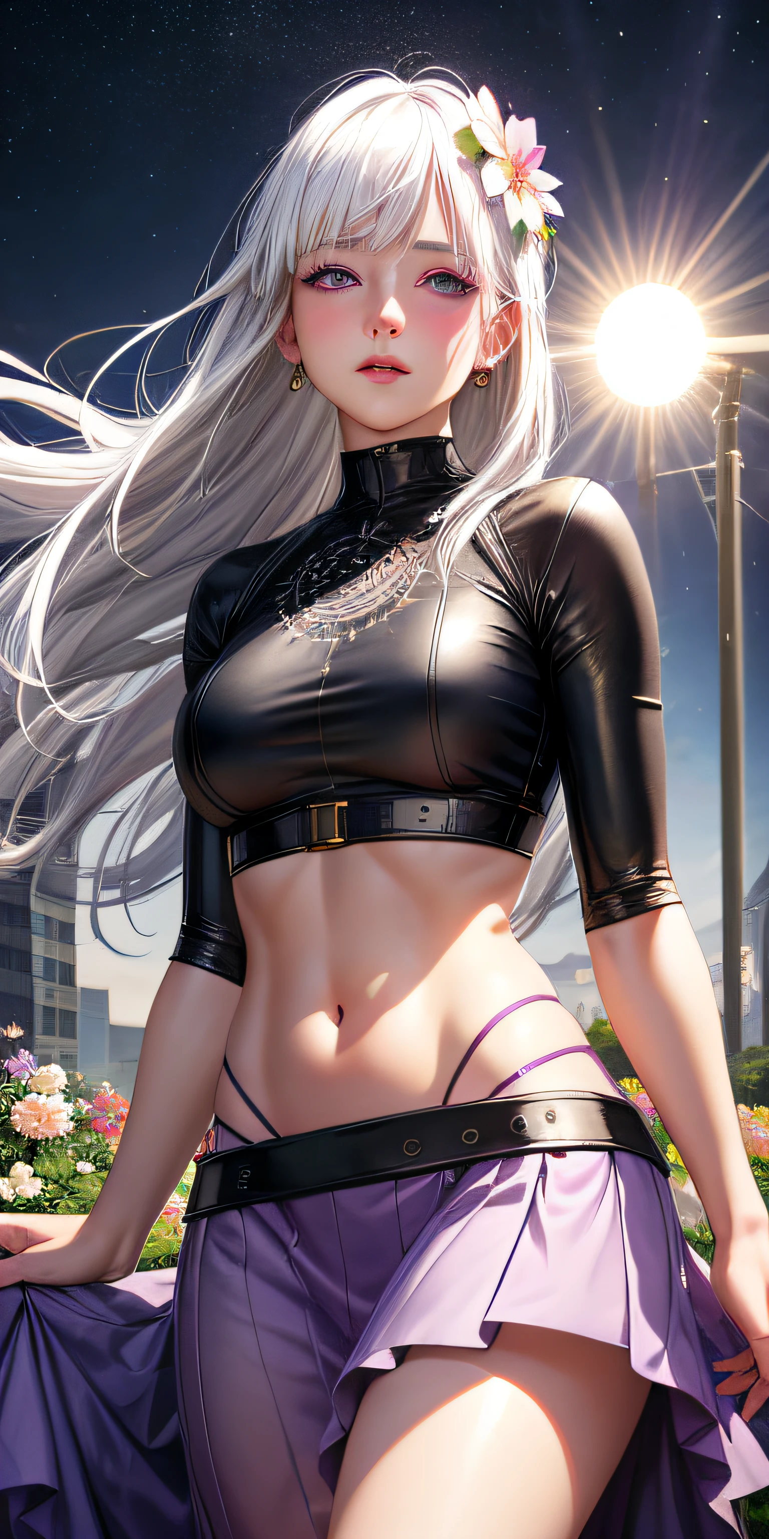 realistic, 1girl, white hair, purple eyes, glowing eyes, crop top, skirt, parted lips, blush, night, flowers, sun, sunlight,