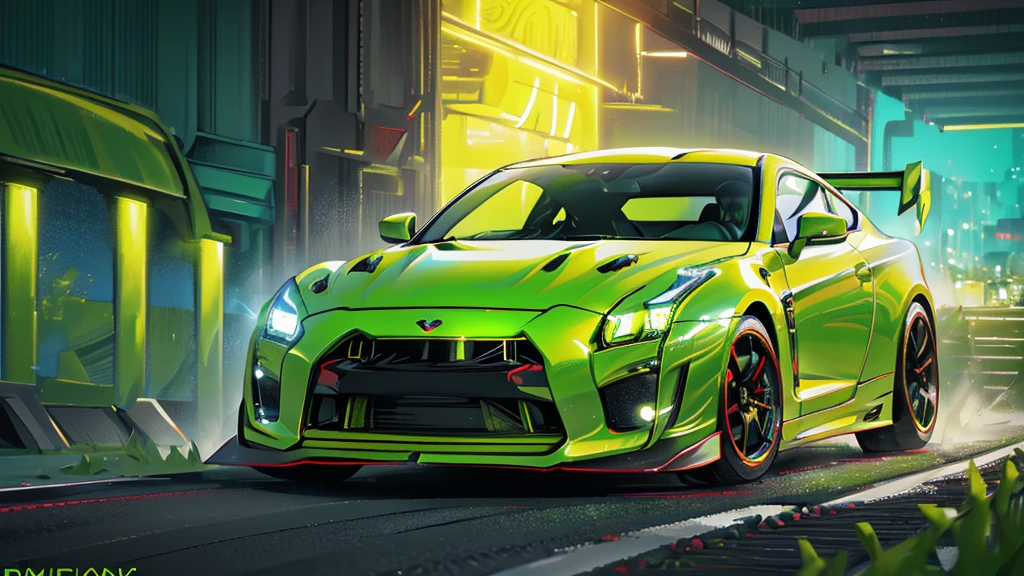 (lime green gtr r35, green headlights, car racing), (under the highway, colorful neon), (8k, extremaly detailed, lighting like a movie, lense flares)