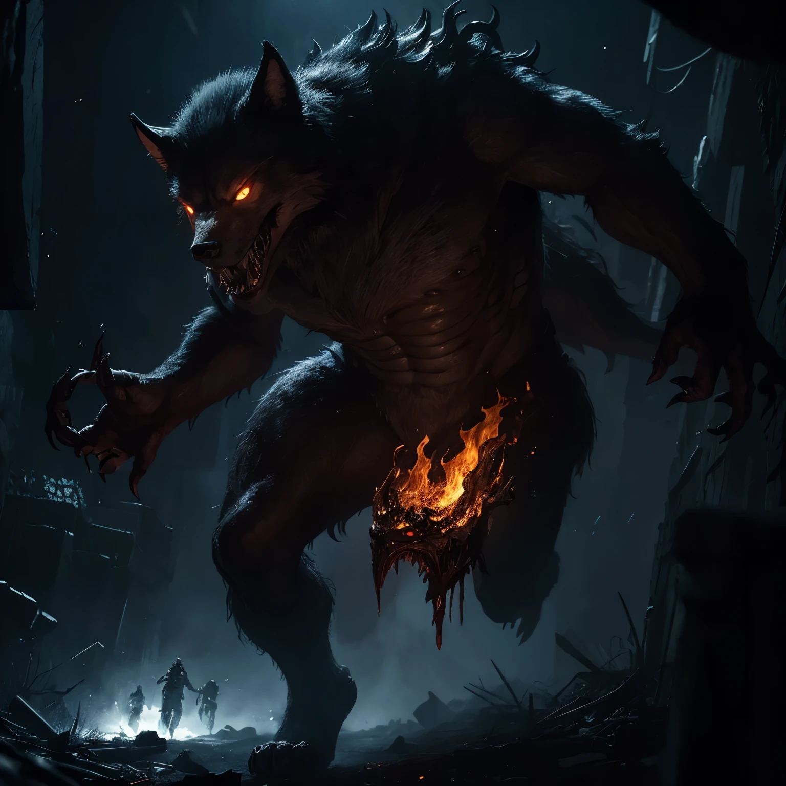 deformed werewolf on fire with a bloody face and a large mouth full of deformed teeth on fire running towards the viewer, conceito de criatura maligna infernal realista medonha, arte conceitual de criatura em chamas, projeto de criatura, arte conceitual de monstro, Fenrir, Hell dogs, arte do personagem da criatura conceitual, multiple heads, criatura assustadora, um lobo minotauro, monstro com multiplas patas, olhos espalhados pelo corpo, fantasy arte conceitual de criatura, monstro de fantasia hiper-realista, Grim - Lobo, a grotesque demon-like creature with torn skin