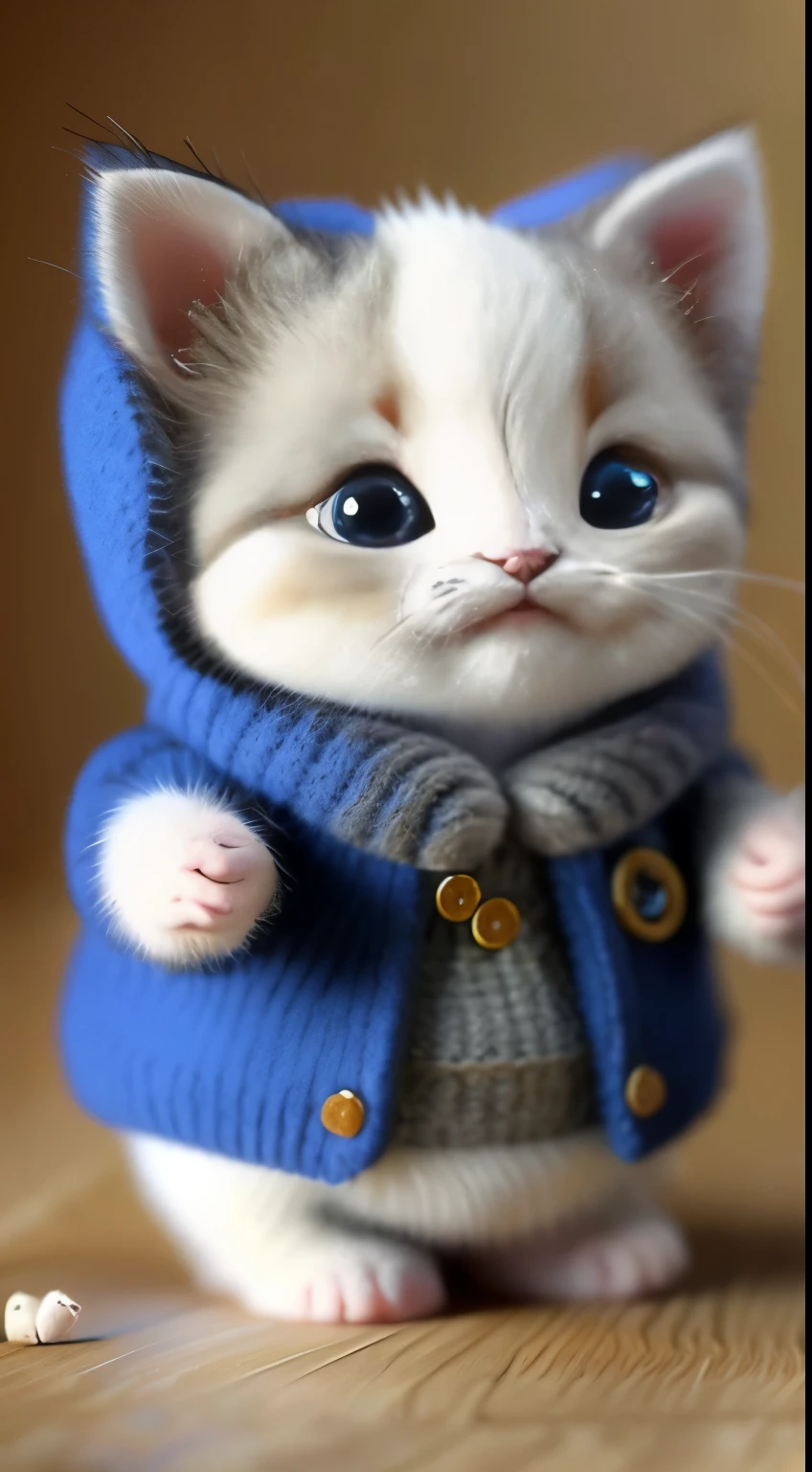 kitten in clothes, miniature kitten, Animal focus, bearded, realistic, POV Hand, ambiguous background,smile,interesting、