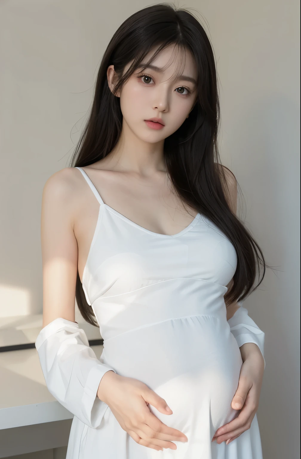 Anime girl in white clothes, pregnant, Realistic shadows, delicate skin, breasts are small, black hair, Very detailed, 8K high-detail face, perfect face shape, perfect lips, Perfect nose, Correct beautiful eyes, watch audience, masterpiece, best quality, single girl, Not wearing, No, alone