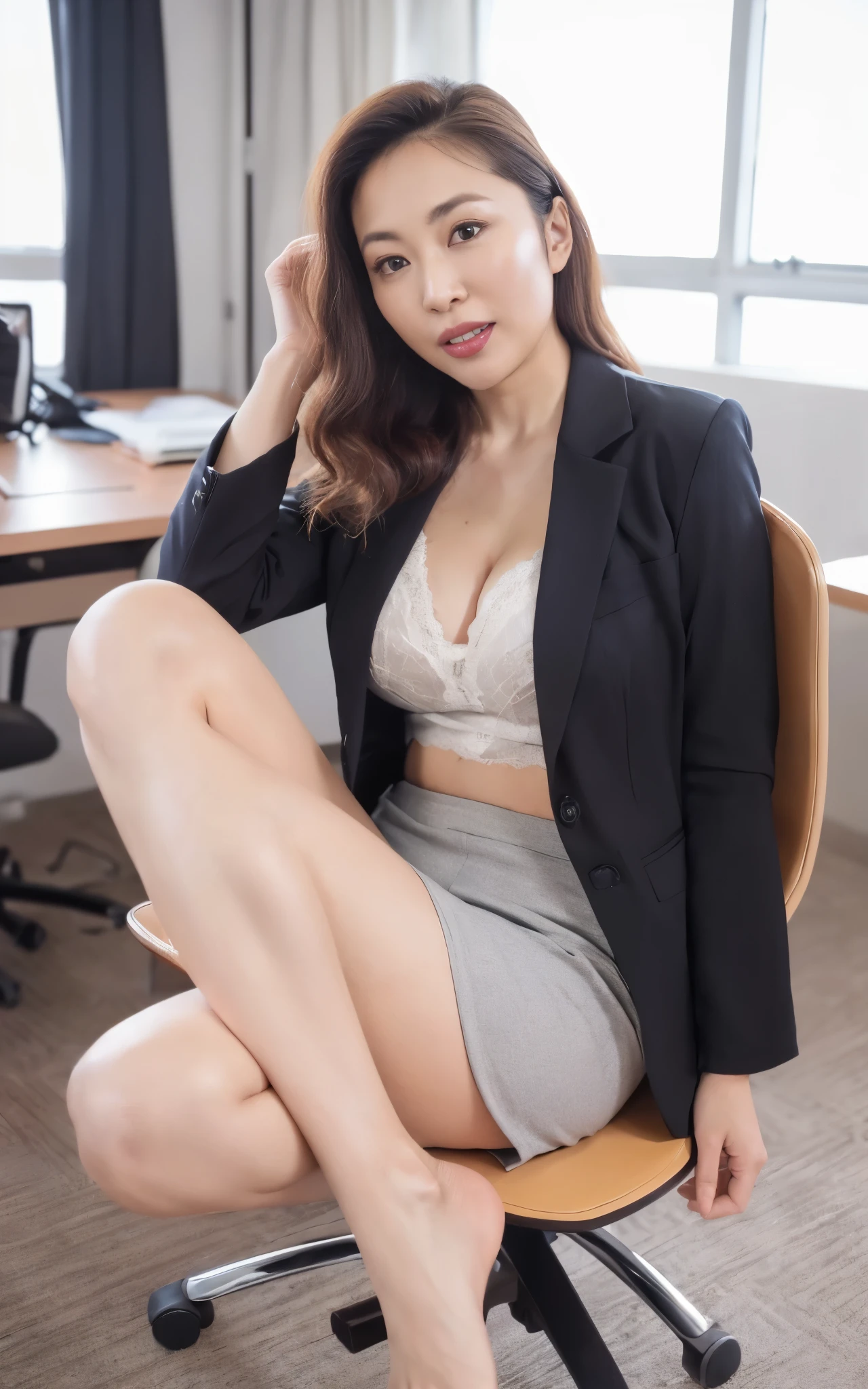 ((Best Quality, 8k, Masterpiece, Portrait: 1.3)), (looking at viewer),Photorealistic, Sharp Focus, glare, beautiful Japan Office Lady, gray blazer, white shirt, Clothes with big Cleavage View, 35 Years Old, Wavy Hair, ((double eyelid, eyelash, lip gloss)), (Wrinkles at the Corners of the Eyes:0.6), ((Sit with Open your legs wide on office chair:2, two knees up)), (loose waist:1), (Show Panties), (pubichair:1.5), (open mouth:0.7), (angry:0.5), ((open mouth:1)), Darkness Nobody Office Room,