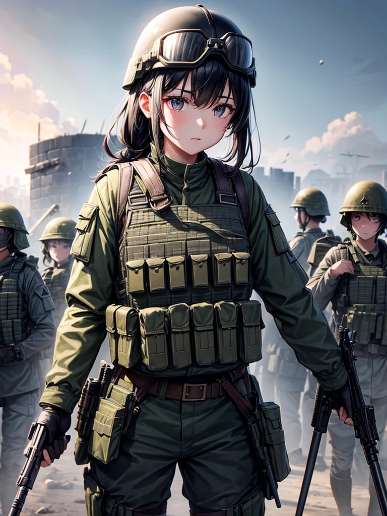 black hair short、beautiful girl、Crisp look、military helmet、Military Goggles、Camouflage、uniform、Bulletproof vest、Hold an assault rifle、Hoplites、battlefield、街中battlefield、During the war、