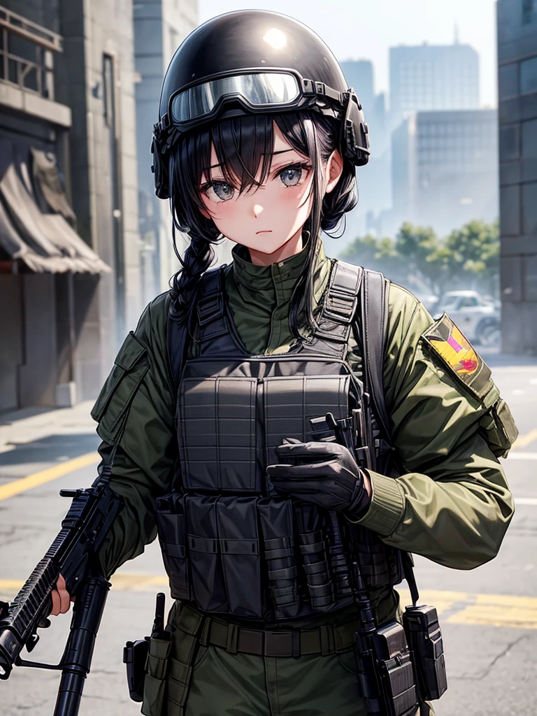 black hair short、beautiful girl、Crisp look、military helmet、Military Goggles、Camouflage、uniform、Bulletproof vest、Hold an assault rifle、Hoplites、battlefield、街中battlefield、During the war、
