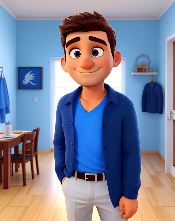 Homem branco de 50 anos, cabelo castanho, olho azul, Dress pants, blusa social azul claro marcantes,s sapato social preto, gerente, You are in a room with white walls and nothing in the room
