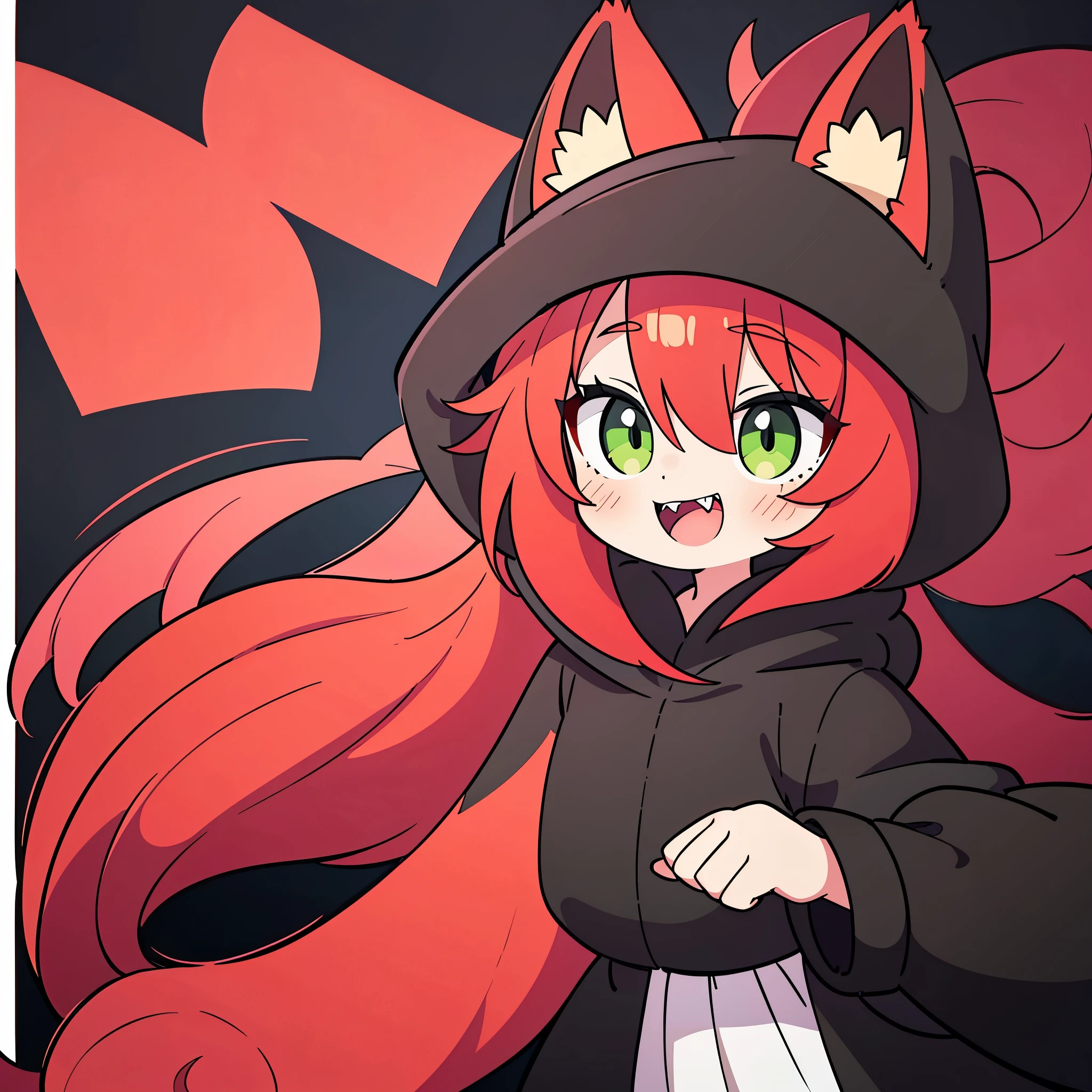 1girl, solo, long red hair, green eyes with vertical pupil, fox ears, long black coat, fur hood, red fox tail, white tip, vertical scar on right eye, sharp teeth, wide smile, clenched teeth