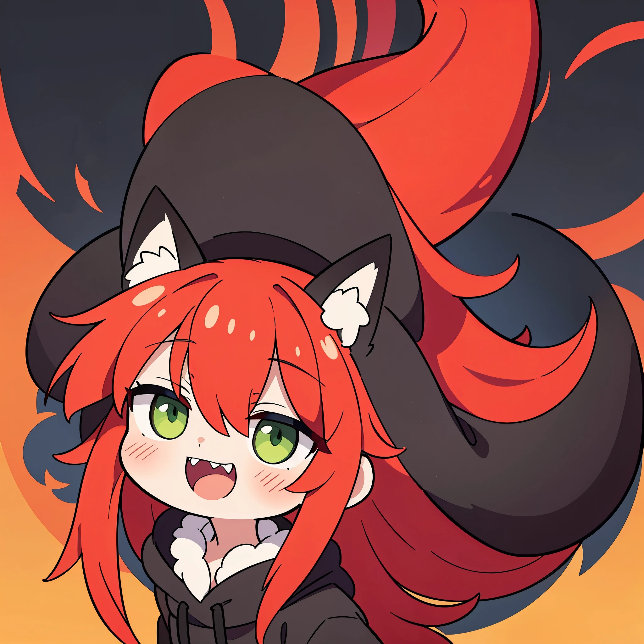 1girl, solo, long red hair, green eyes with vertical pupil, fox ears, long black coat, fur hood, red fox tail, white tip, vertical scar on right eye, sharp teeth, wide smile, clenched teeth