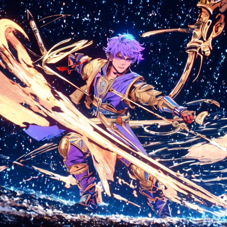 Rin々With a bright look (Violent:1.3)，highest quality,4K,8K,High resolution,（masterpiece:1.2)，Archer，Reminiscent of ancient warriors，like a movie，Super realistic，Helmets and armor(Material: bronze) ，The colors of equipment and clothing are a harmonious combination of deep blue, gold, and red.，Proof of Battle History，Gracefully. A purple aura surrounds him., Emphasize facial expressions(feeling: Severe) ，Expressing strength and integrity，Appearance harmonizes the impression of a warrior with dignity，secret suggestion. ambient lighting，Elements of cyberpunk ，Fusion of evolution and tradition，Light and shadow， Add an ancient city to the background, Enhance the mysterious charm of the city where light and darkness coexist.，Unconventional angle (perspective: dramatic) ，finely crafted bow(object:1.1),Longbow， The bow combines magic and ancient technology，combat stance，Reflect complex personas,