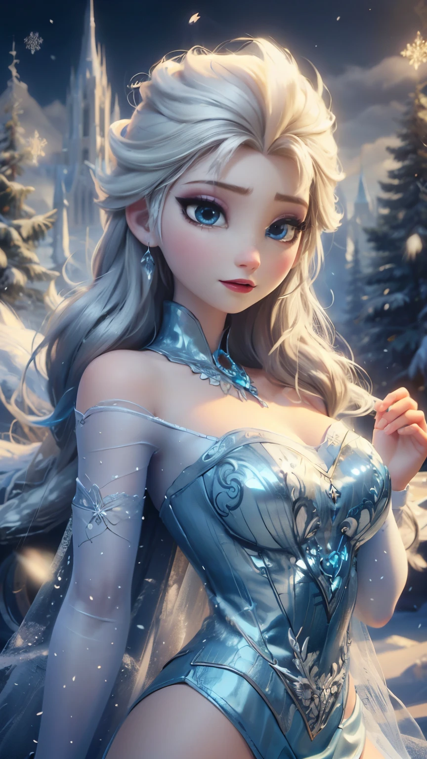 8k，high quality，scenery，mid shot，Beautiful goddess of ice and snow, Snow white and smooth skin，exquisite and beautiful face，slender body，huge breasts，long legs，medium hipbone，Ice mage, ice element, Intricate design and details, weird mist, cold, Blizzard storm, Summon Ice Spell, cast ice spell, Realistic ice effects, Snow grains, fantasy art style, city ruins, dramatic lighting, Normal