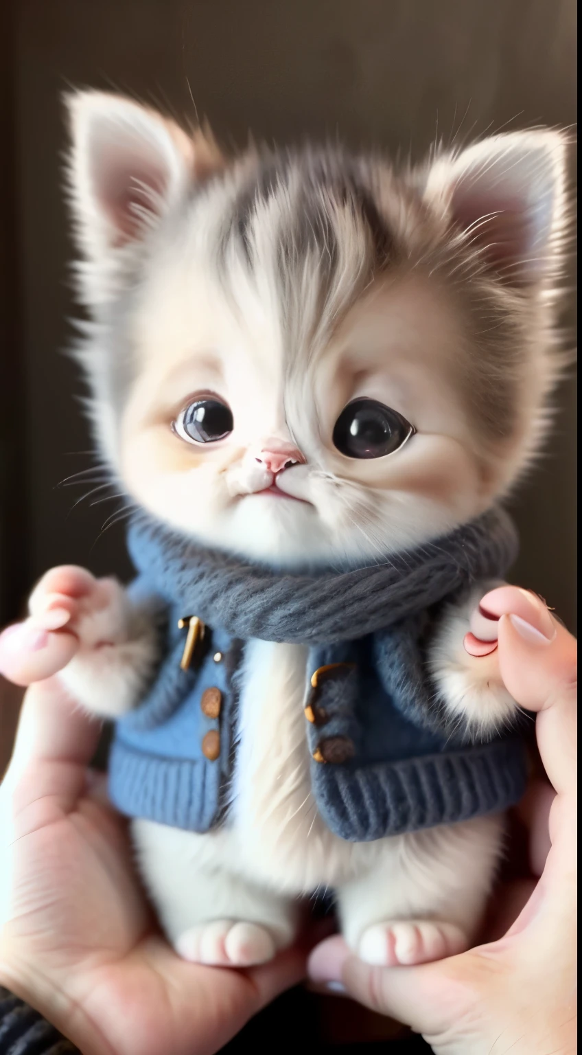 kitten in clothes, miniature kitten, Animal focus, bearded, realistic, POV Hand, ambiguous background,smile,interesting、