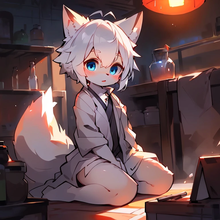 Masterpiece, high quality portrait, 16k, Furry,solo person，(blue eyes, white hair，White arms，White legs:1.2),Lab Coat，Fox, cub, bit girl,skin_Fang, Double reference, warm lights, Japanese-style kneeling sitting,lab, Full shot,author：Sumi Kuroi, Yupa,Kiyosan