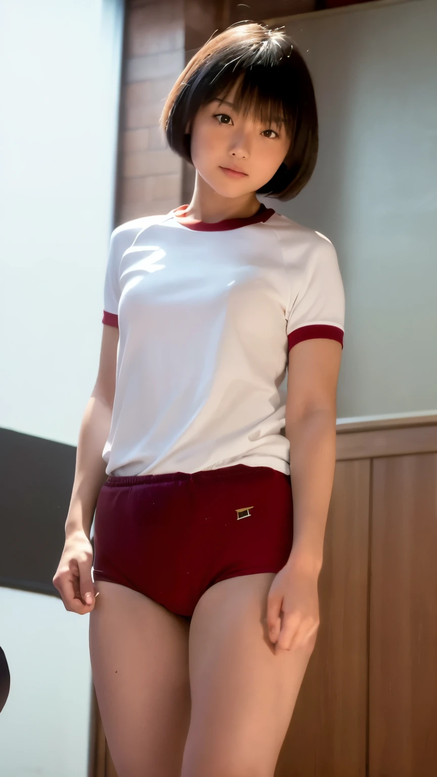 (8k, RAW photo, best quality, masterpiece:1.2), (realistic, photo-realistic:1.4), (extremely detailed 8k wallpaper), Japanese pretty woman, short hair, black hair, standing, ((school gym dark red buruma)), school gym, ((athletic dark red bloomers)), (school white t-shirts), (school gym uniform), small breasts, cameltoe,