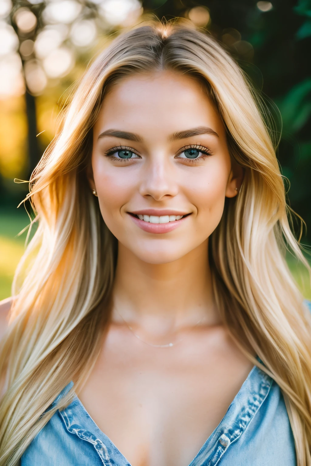 A photorealistic portrait of a 25-year-old American blonde with long, strikingly beautiful brown eyes adorns the frame. Shedonnes a bikini and a pair of short jeans, radiating natural charm and allure. The image is gracefully illuminated by soft, golden hour sunlight, casting warm hues that heighten her features. The cinematic quality of the photograph is further accentuated by shooting it on Kodak Gold 400 film. To capture this enchanting moment, a high-resolution photograph was taken using a 65mm lens, which offers a flattering perspective and brings out the intricate details, textures, and pores