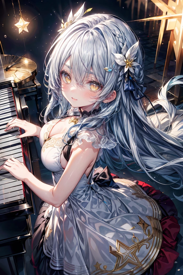 ((8K masterpiece,highest quality)), ultra high resolution, hyper detail, (1 girl), beautiful face, beautiful and delicate eyes, Big eyes,shining eyes of light,Thin and long eyelashes,((blue hair)),((yellow eyes)),(long hair),(straight hair),big breasts,thin waist,white dress,white pumps,silver hair ornament,(gentle smile),small blush,affection,Troubled eyebrows,(please open your mouth wide),(White world),(Fantastic worldview),((piano)),(The keyboard is in front of the girl),temple,(star),惑star,(globe),particles of light,motion blur,Depth of bounds written,spectacular panoramic view,Angle from above