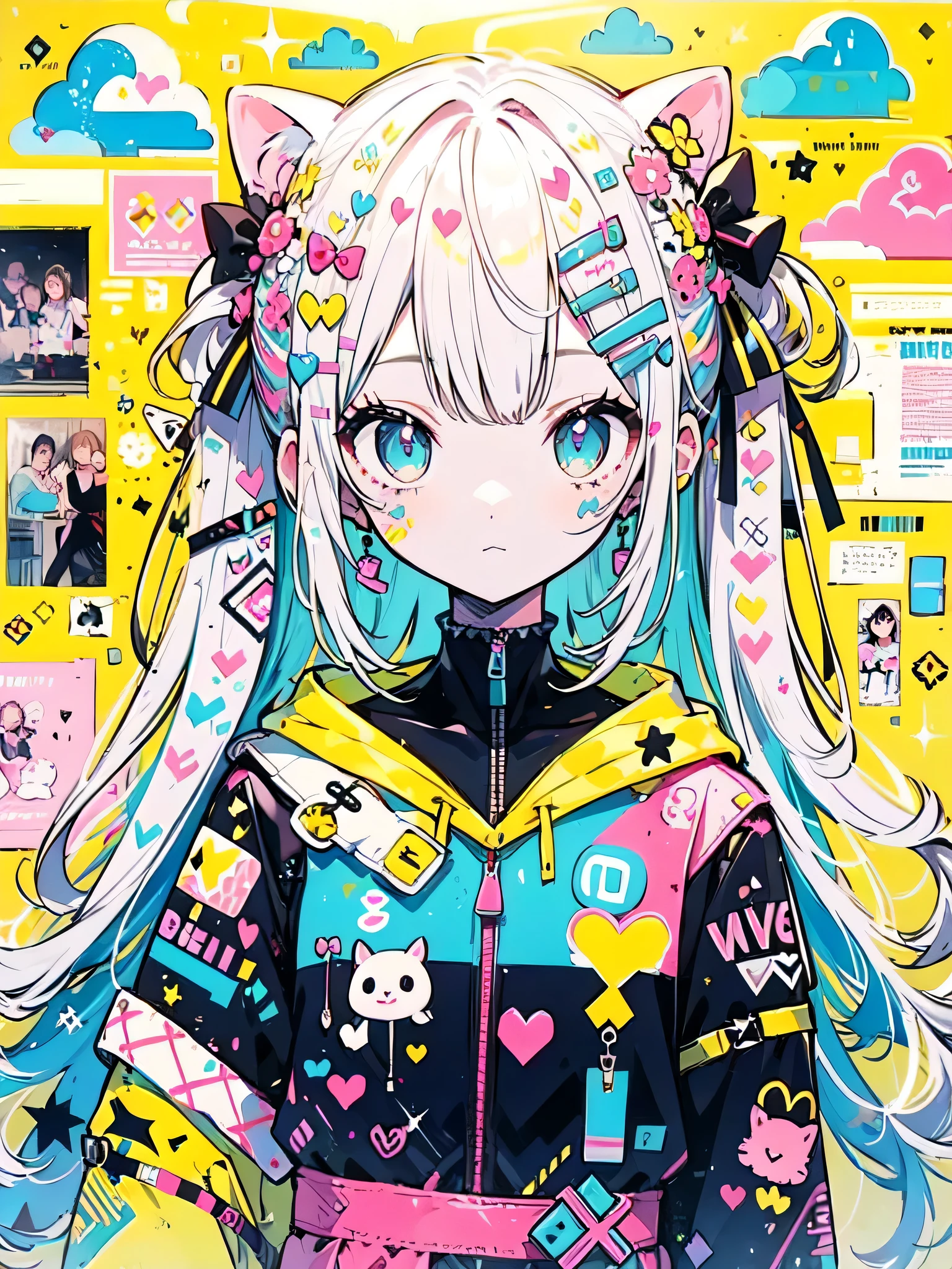 "kawaii, Cute, Adorable girl in pink, yellow, and baby blue color scheme. She wears sky-themed clothing with clouds and sky motifs. Her outfit is fluffy and soft, With decora accessories like hair clips. Lots of stickera on the wall.
