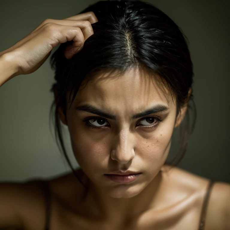 Oiled skin beauty girl, detailed skin pore, focus on face, she is look sad, holding her head, face looks like Penelope Cruz, Indonesian woman, cinematic dark.