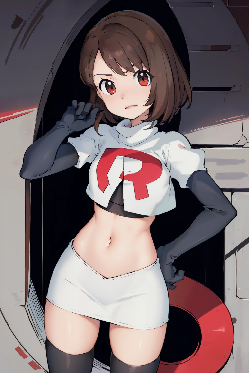 gloria \(pokemon\), cowboy shot, team rocket,team rocket uniform, red letter R, white skirt,white crop top,black thigh-highs,black elbow gloves