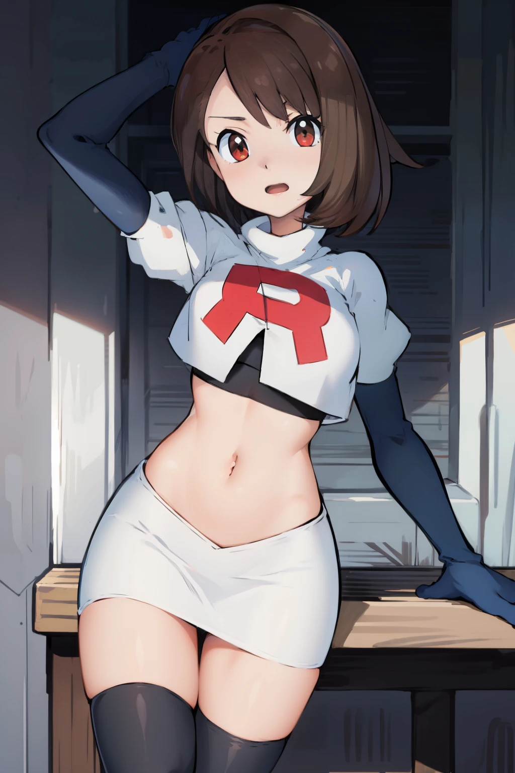 gloria \(pokemon\), cowboy shot, team rocket,team rocket uniform, red letter R, white skirt,white crop top,black thigh-highs,black elbow gloves