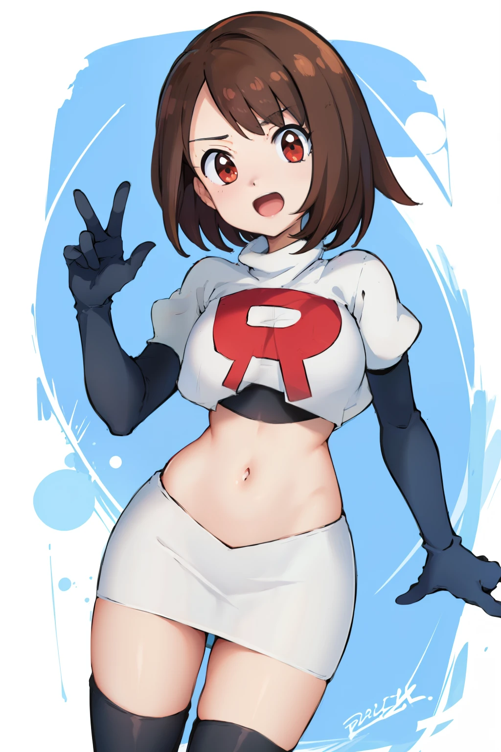 gloria \(pokemon\), cowboy shot, team rocket,team rocket uniform, red letter R, white skirt,white crop top,black thigh-highs,black elbow gloves