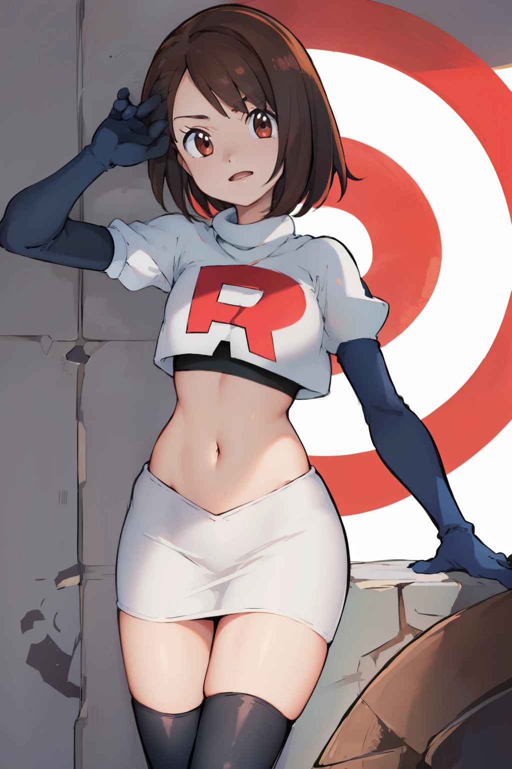 gloria \(pokemon\), cowboy shot, team rocket,team rocket uniform, red letter R, white skirt,white crop top,black thigh-highs,black elbow gloves