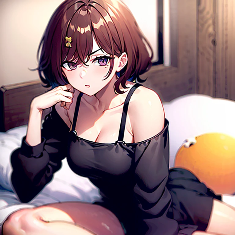 ultradetail(eye:1.7),highest quality、4K quality、on the bed、beautiful cleavage、disheveled clothing、slender、Humiliated face、doggypose、Show your shorts