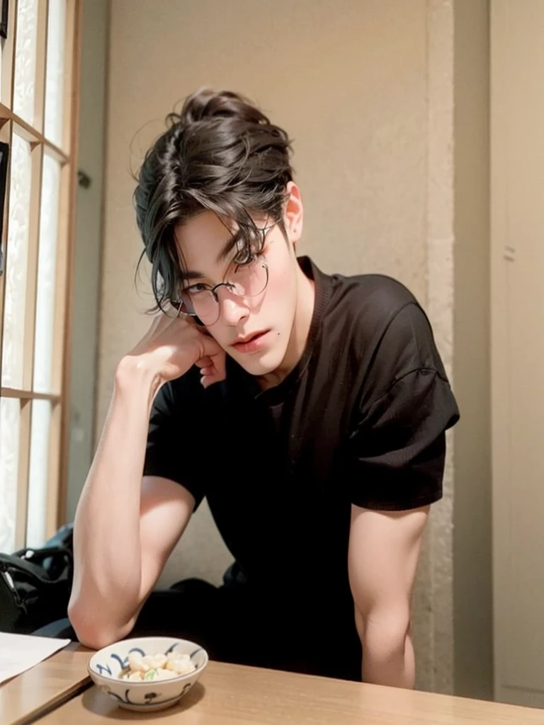 Hay un hombre sentado en una mesa con un plato de comida, cai xukun, sakimichan, xqc, he is about 3 0 years old, he is about 30 years old, con gafas, he is about 20 years old, he is about 2 0 years old, taken in the early 2020s, mingyu seventeen, idol kpop, korean male face,