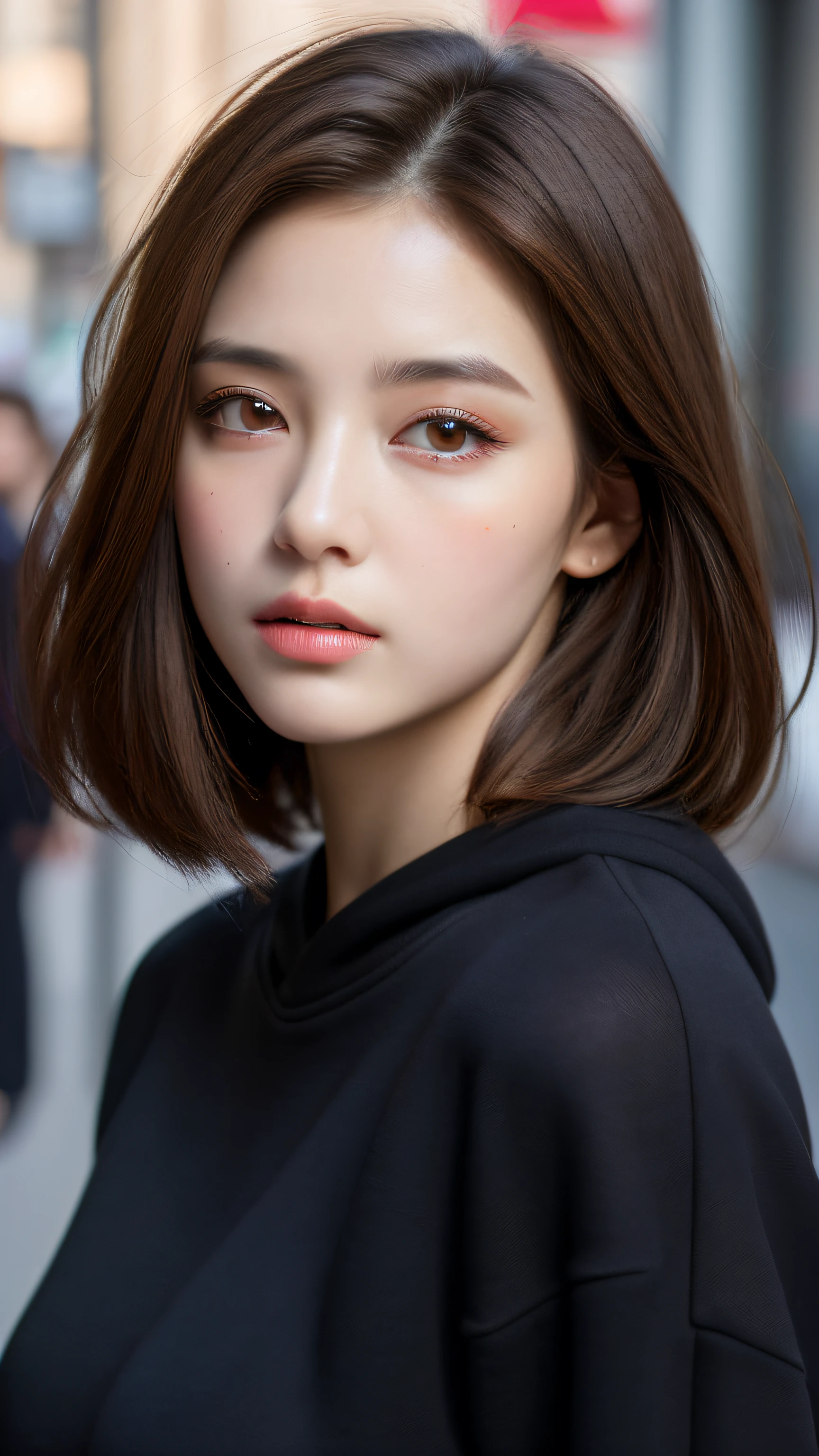 (best quality, high resolution, chef-d'artwork: 1.3), Une belle femme, gros seins, Silhouette mince, (short dark brown hair), sweat-shirt, Beautifully presented street details and texture of the face and skin, detailed eyes, double eyelids, Gros yeux