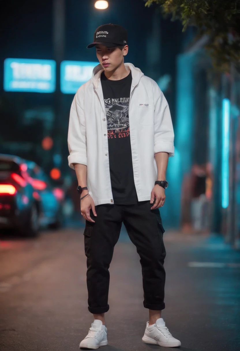 Cyberpunk scene at nigth, 1man, Malaysian, wearing black truckers cap and white tee shirt, denim pant and sneakers on the street, neon light background