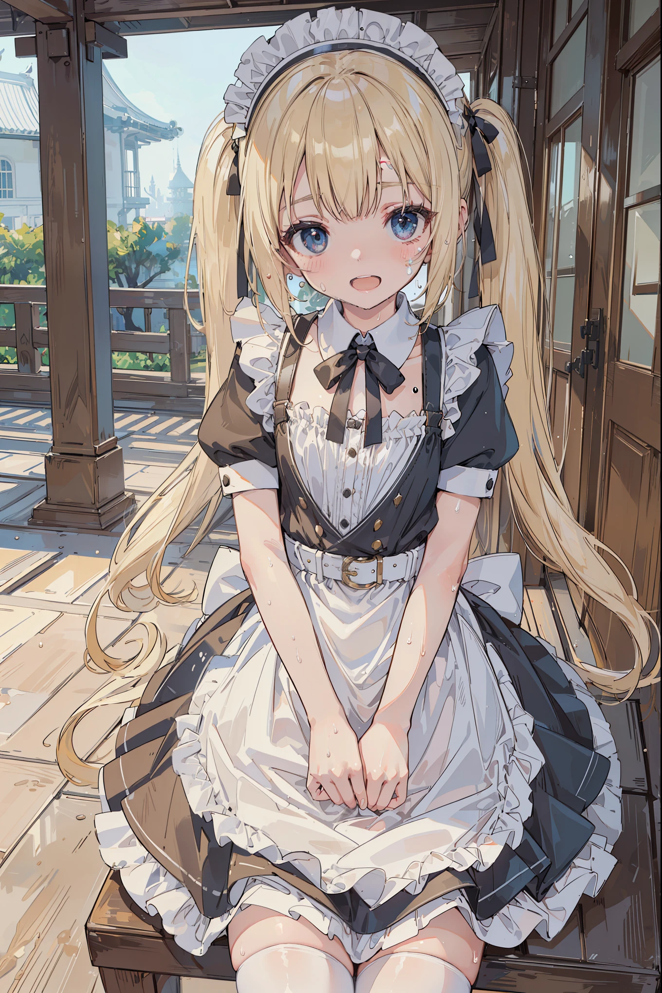 top-quality、supreme1People Girls,hightquality,A detailed face、A detailed eye、Detailed nose、Detailed mouth、 Beautiful expression, ((masuter piece)), ((High resolution)), ((Best Quality)), detail, (cum faced、Excited face.Very happy,), ((Skin shiny with sweat)), (maid clothes:1.6、garterbelts:1.3、stockings:1.4)、 girl with, a blond, (Half Twin Tail)、sit down and open legs:1.3、fair white skin:1.3、、Smaller chest, cinmatic lighting, perfectly shaded,(((Western Pavilion))), Realistic lighting with shades,Reflecting the whole body