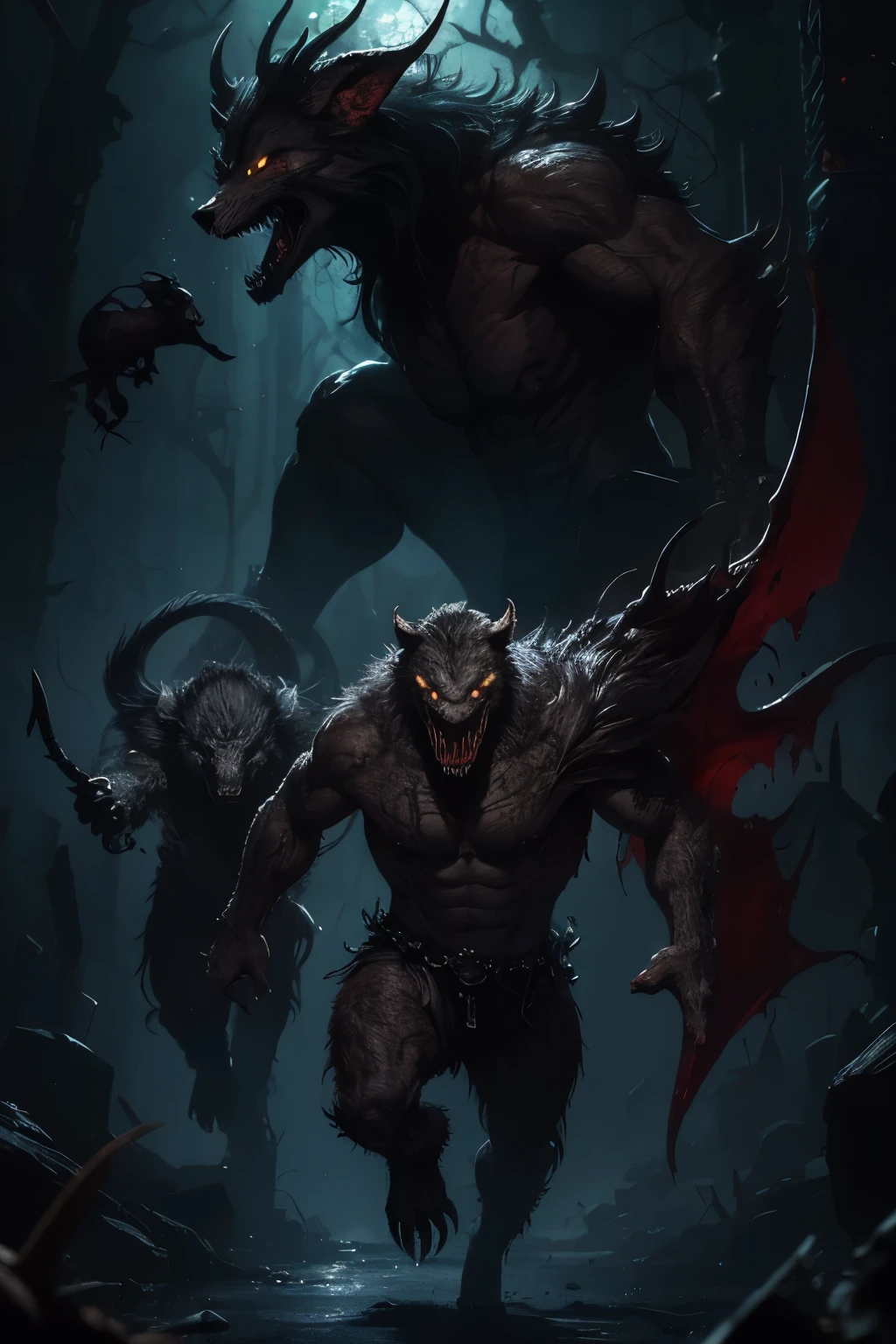 deformed werewolf with a bloody face and a large mouth full of deformed teeth running towards the viewer, conceito de criatura realista medonha, arte conceitual de criatura, projeto de criatura, arte conceitual de monstro, Fenrir, Hell dogs, arte do personagem da criatura conceitual, multiple heads, criatura assustadora, um lobo minotauro, monstro com multiplas patas, olhos espalhados pelo corpo, fantasy arte conceitual de criatura, monstro de fantasia hiper-realista, Grim - Lobo, a grotesque demon-like creature with torn skin