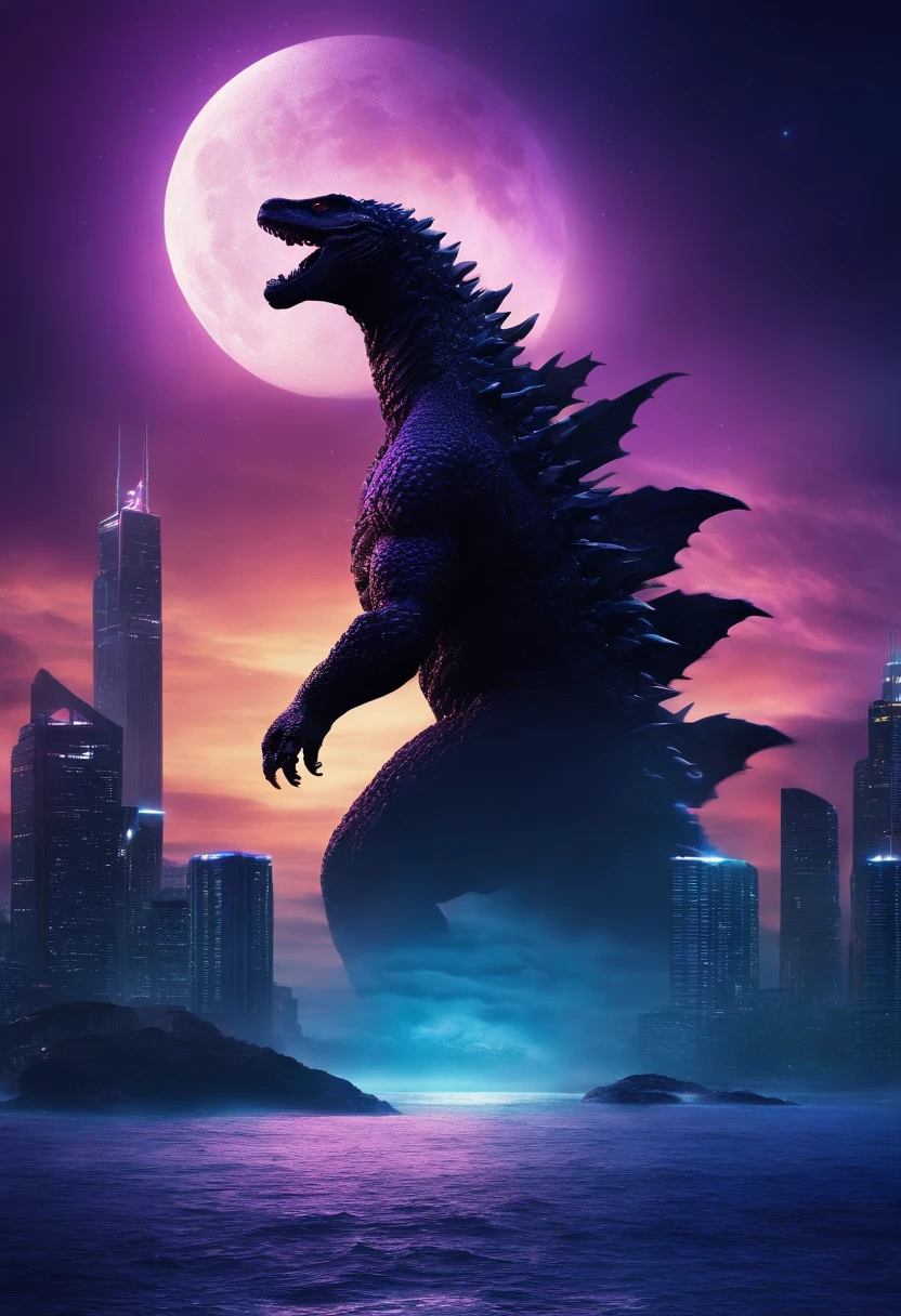 Godzilla , rage, fury,the ocean,The background is a futuristic city, scifi style, blue and violet, brightly, Sky background at night,There are many stars and a moon that splits in two. Ultra photo realsisim