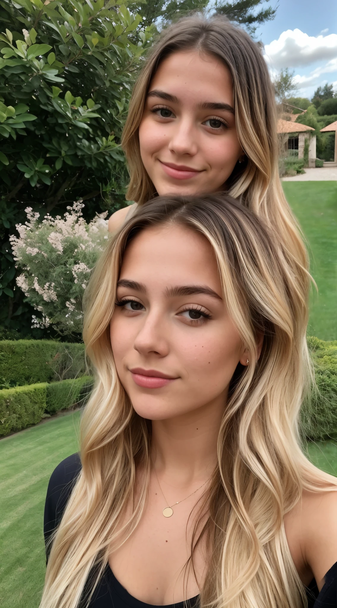 remove this girl so that there is only the girl at the bottom in the photo and replace the highlighted girl with the background of the garden