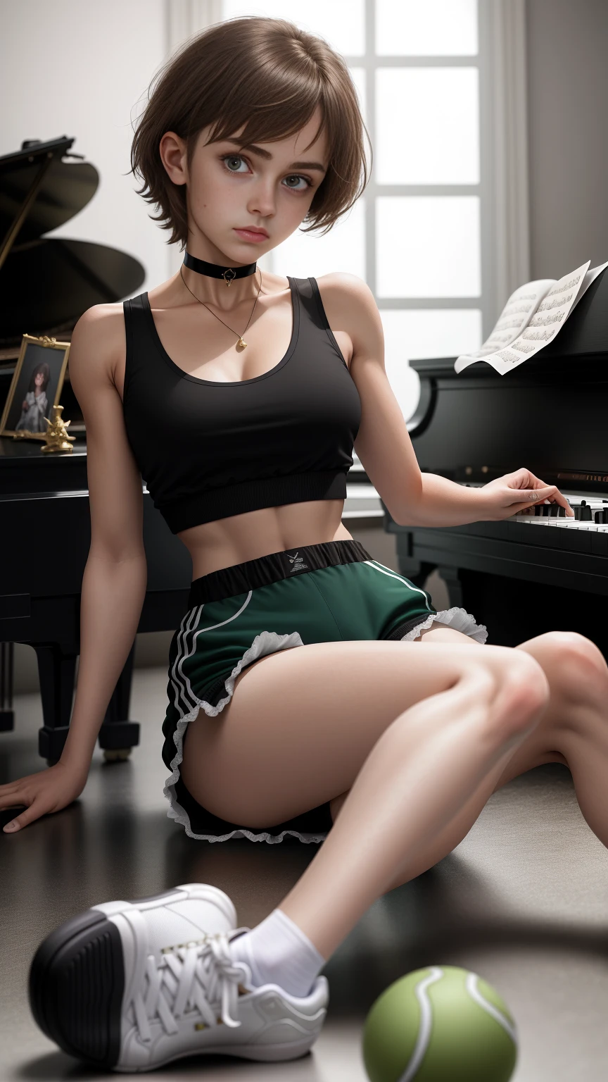 (realisticlying, tmasterpiece, A high resolution, best qualtiy, ultra - detailed, detailedbackground:1.2), 1girll, with brown eye, Messy short brown hair, perky small breasts, Bodybuilding, White-colored skin, a black choker, cyber punk perssonage, Morning, messy rooms, janelas, buliding, Gilet blanc, no brassiere, Green sports shorts, A piano, sitted, Russian style, no shoe,